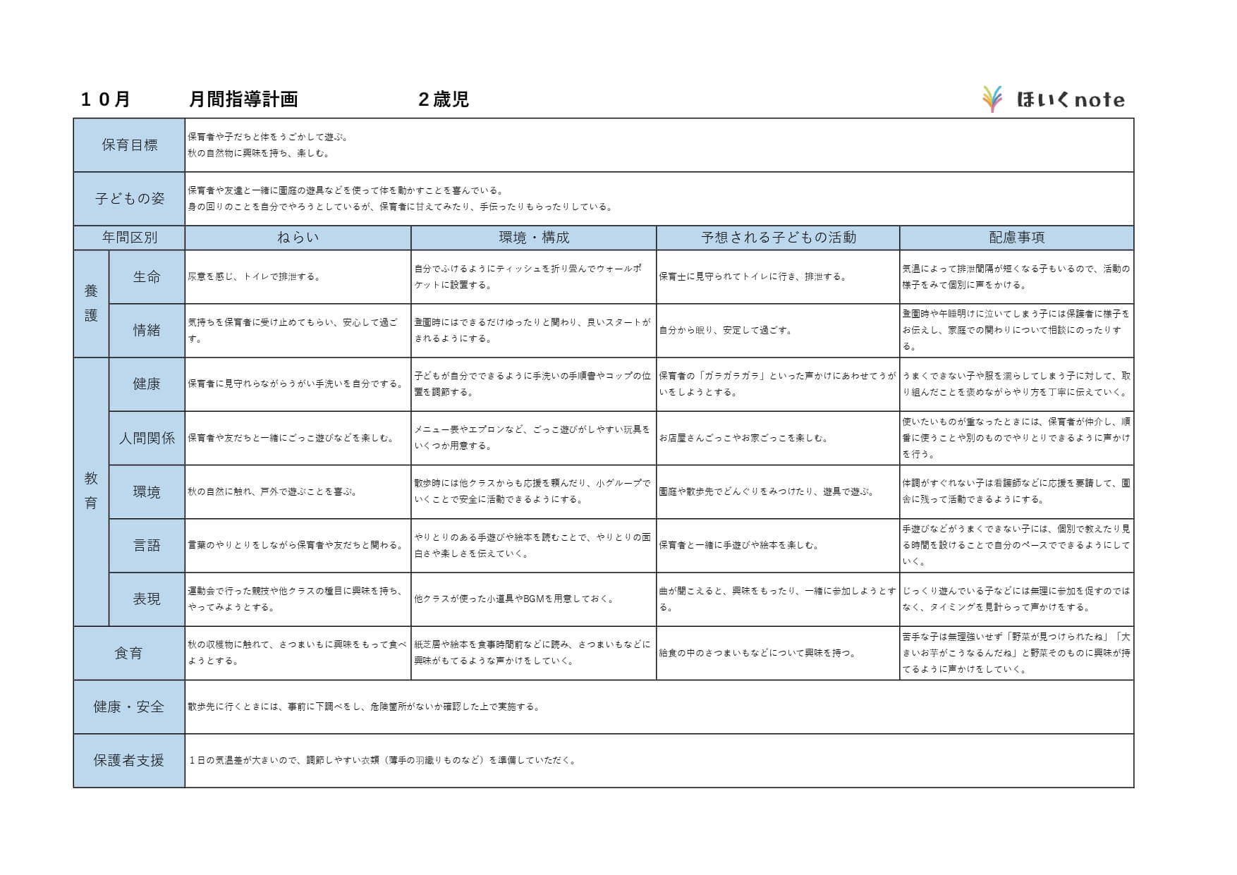 10月の指導計画（月案）】文例とフォーマット＜2歳児クラス＞ – ほいくnote