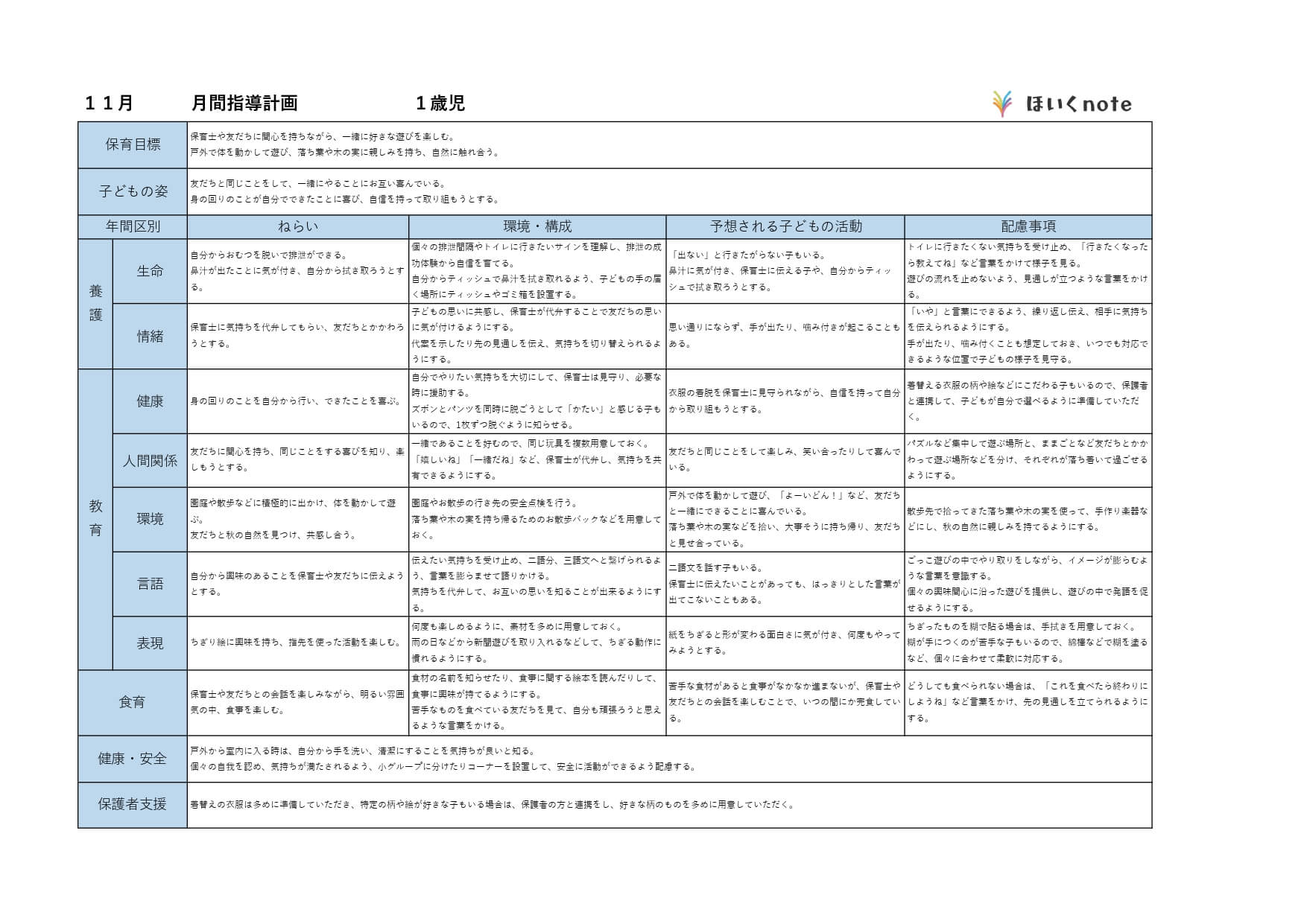 11月の指導計画（月案）】文例とフォーマット＜1歳児クラス＞ – ほいくnote