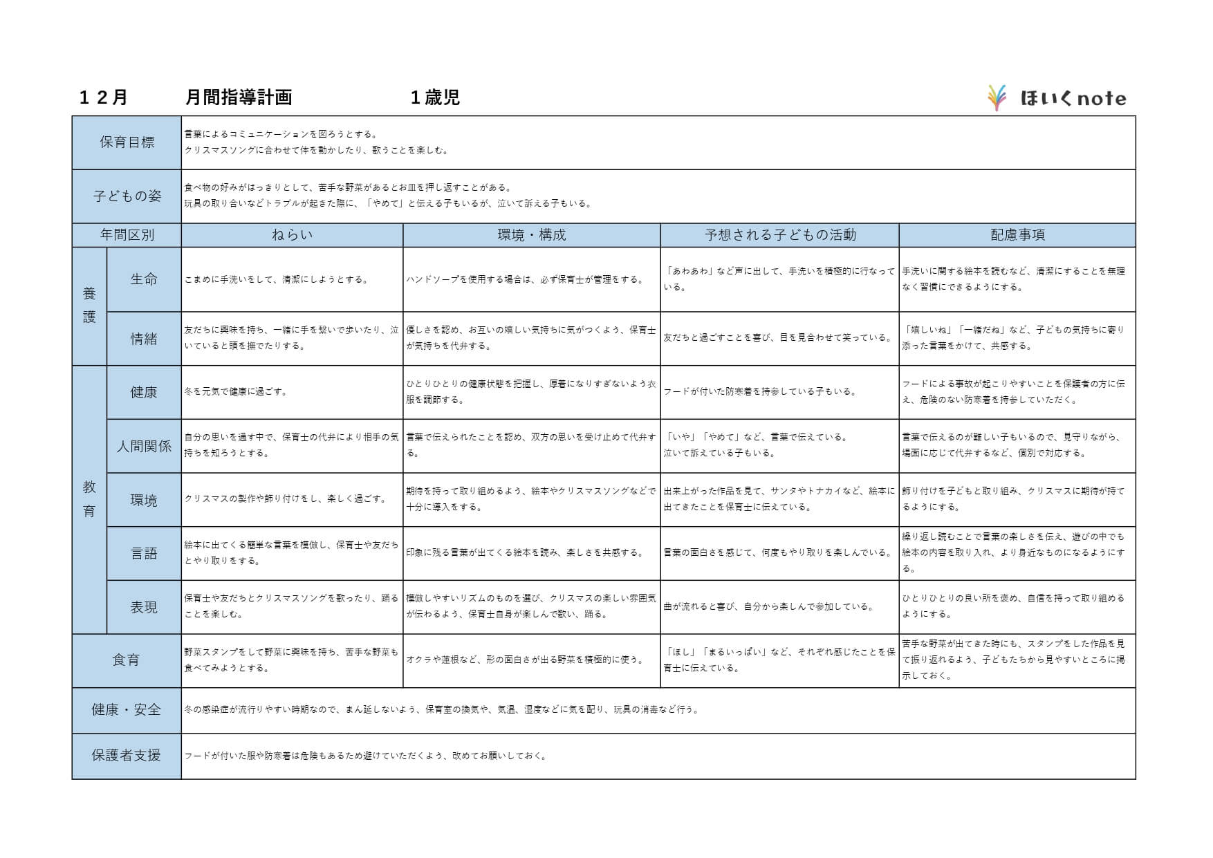 12月の指導計画（月案）】文例とフォーマット＜1歳児クラス＞ – ほいくnote