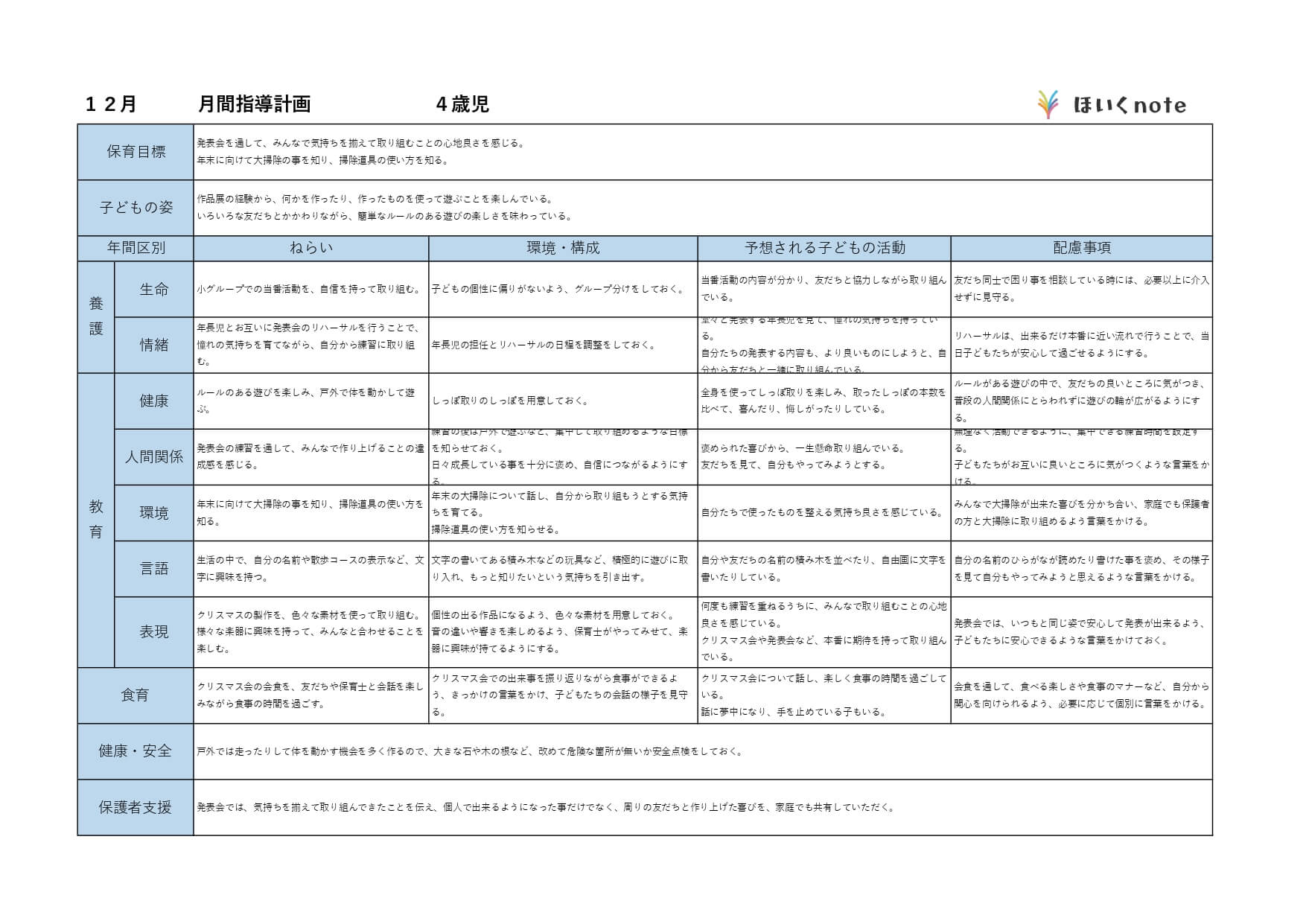 【12月の指導計画(月案)】文例とフォーマット<4歳児クラス> ほいくnote 【12月の指導計画(月案)】文例とフォーマット<4歳児クラス> ほいくnote