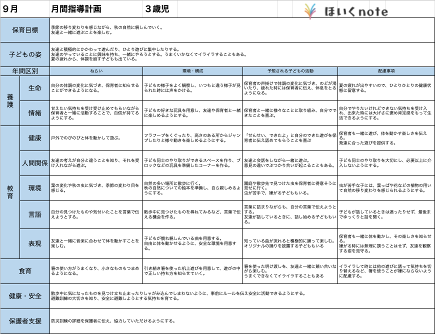 9月の指導計画（月案）】文例とフォーマット＜3歳児クラス＞ – ほいくnote